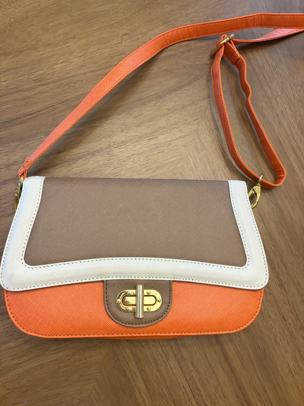 Colorblock Crossbody Bag with Remove-able Strap Clutch Orange Tan Cream purse